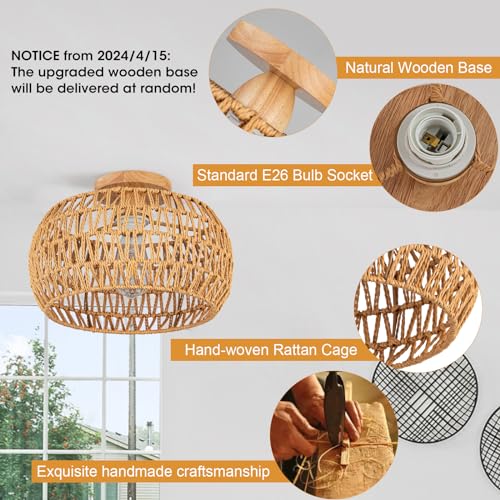 OCWHT Boho Ceiling Light Fixtures Rattan Chandelier Bedroom Light Small Rattan Flush Mount Ceiling Light Hand-Woven Chandelier for Nursery Light Kitchen Farmhouse Chandeliers - Image 4