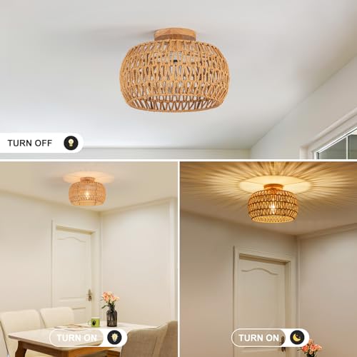 OCWHT Boho Ceiling Light Fixtures Rattan Chandelier Bedroom Light Small Rattan Flush Mount Ceiling Light Hand-Woven Chandelier for Nursery Light Kitchen Farmhouse Chandeliers - Image 3