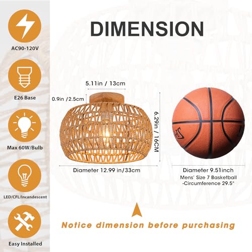 OCWHT Boho Ceiling Light Fixtures Rattan Chandelier Bedroom Light Small Rattan Flush Mount Ceiling Light Hand-Woven Chandelier for Nursery Light Kitchen Farmhouse Chandeliers - Image 5