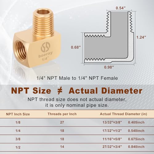 Boeray 2pcs 1/4” Brass Fittings 90 Degree Barstock Street Elbow 1/4" NPT Male Pipe to 1/4" NPT Female Pipe 1/4 NPT Elbow Forged Brass Pipe Fittings - Image 2