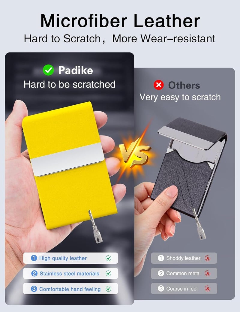 Padike Professional Business Card Holder PU Leather Business Card Case Name Card Holder Slim Metal Pocket Card Holder with Magnetic Shut (Y-Yellow) - Image 3