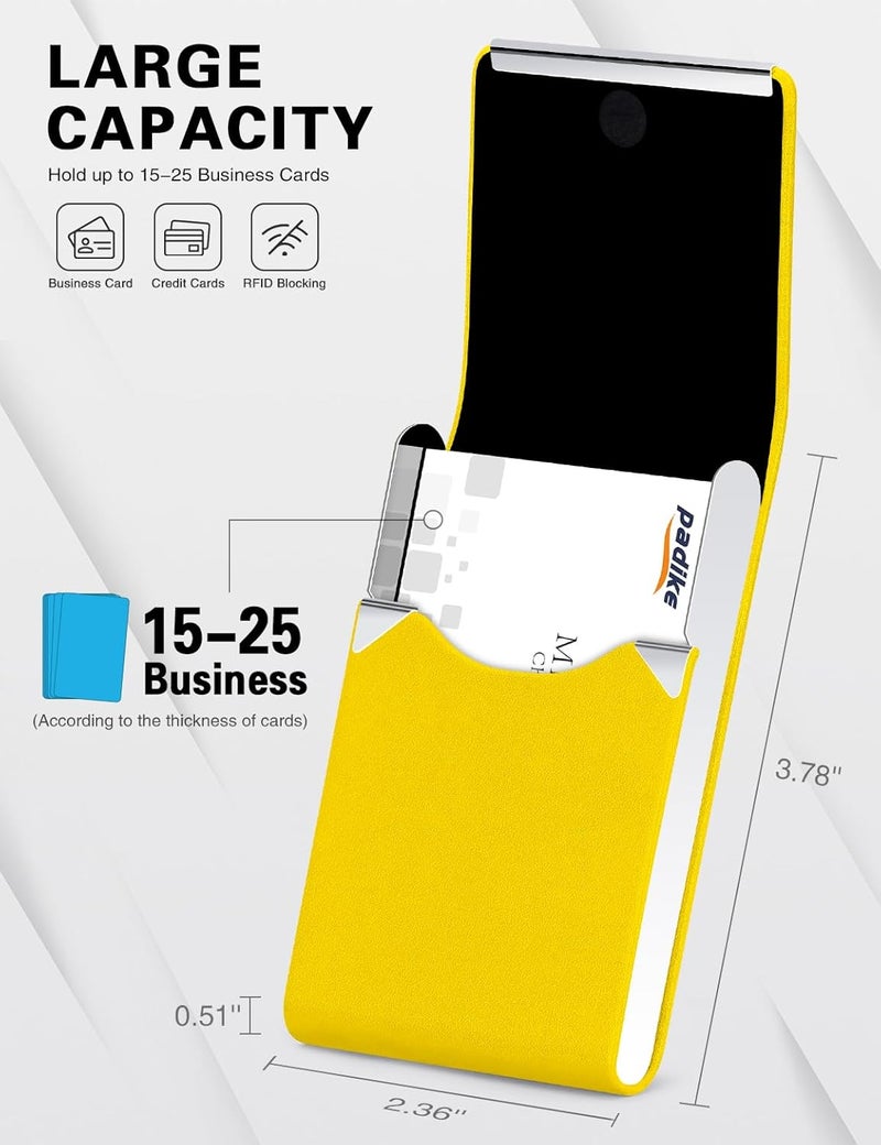 Padike Professional Business Card Holder PU Leather Business Card Case Name Card Holder Slim Metal Pocket Card Holder with Magnetic Shut (Y-Yellow) - Image 4