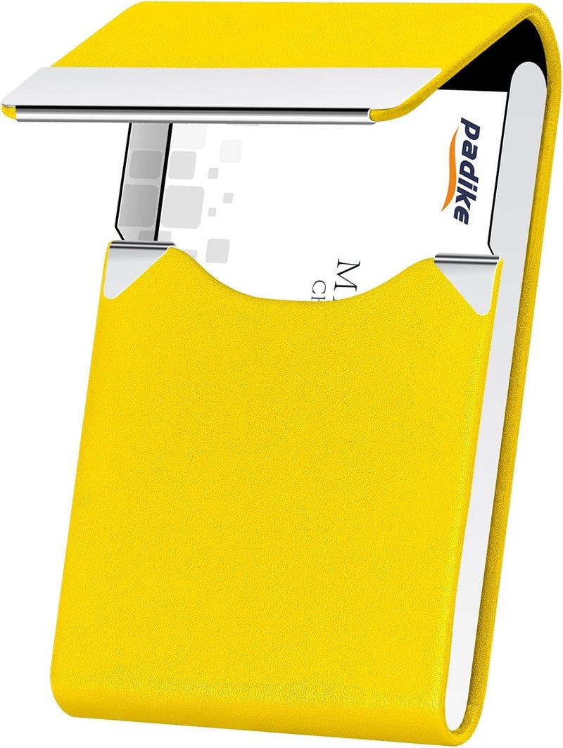 Padike Professional Business Card Holder PU Leather Business Card Case Name Card Holder Slim Metal Pocket Card Holder with Magnetic Shut (Y-Yellow) - Image 1