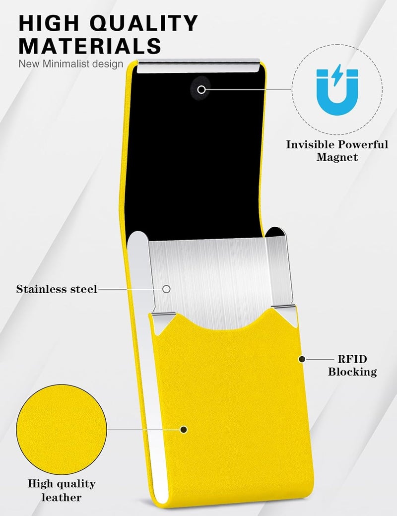 Padike Professional Business Card Holder PU Leather Business Card Case Name Card Holder Slim Metal Pocket Card Holder with Magnetic Shut (Y-Yellow) - Image 2