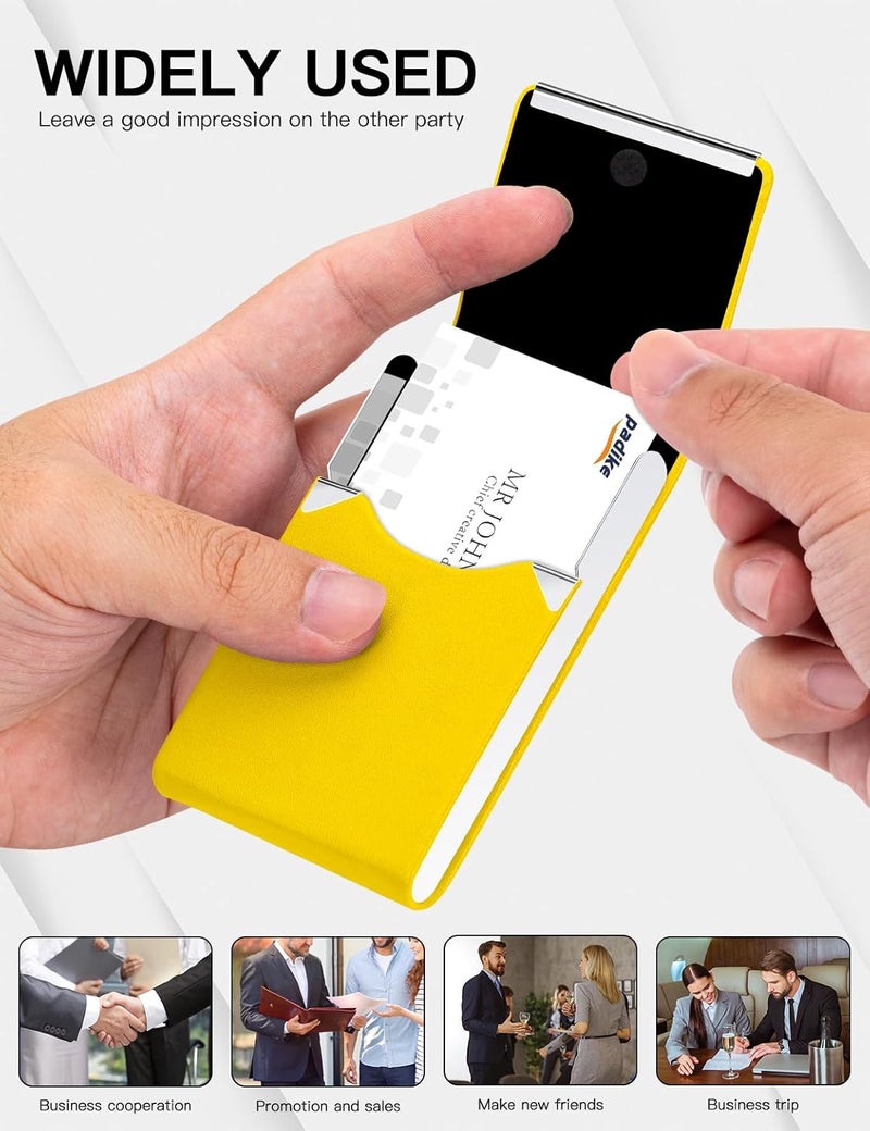 Padike Professional Business Card Holder PU Leather Business Card Case Name Card Holder Slim Metal Pocket Card Holder with Magnetic Shut (Y-Yellow) - Image 5