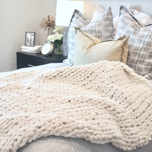 Adyrescia Chunky Knit Blanket Throw | 100% Hand Knit with Jumbo Chenille Yarn (40"x50", Cream White) - Image 2
