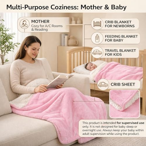 BRANDONN Baby Blanket 130x105 cm – Ultra Soft Dual Layer Sherpa & Flannel, Lightweight Warm Newborn Blanket for Crib, Stroller, Travel & Feeding, Skin-Friendly, 1 Month Till 5 Years (Pink) - Image 3