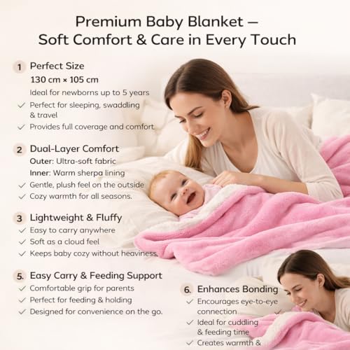 BRANDONN Baby Blanket 130x105 cm – Ultra Soft Dual Layer Sherpa & Flannel, Lightweight Warm Newborn Blanket for Crib, Stroller, Travel & Feeding, Skin-Friendly, 1 Month Till 5 Years (Pink) - Image 2