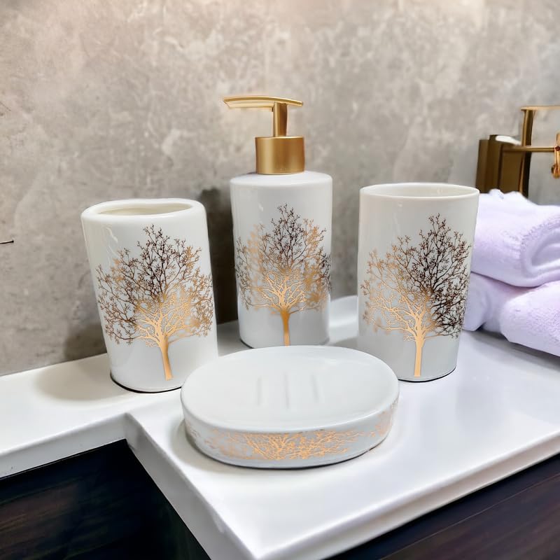 Whizzo Ceramic Bathroom Accessories Set Including 4 Piece Bathroom Accessories Set Soap Dispenser Toothbrush Holder Tumbler Soap Dish White - Image 3