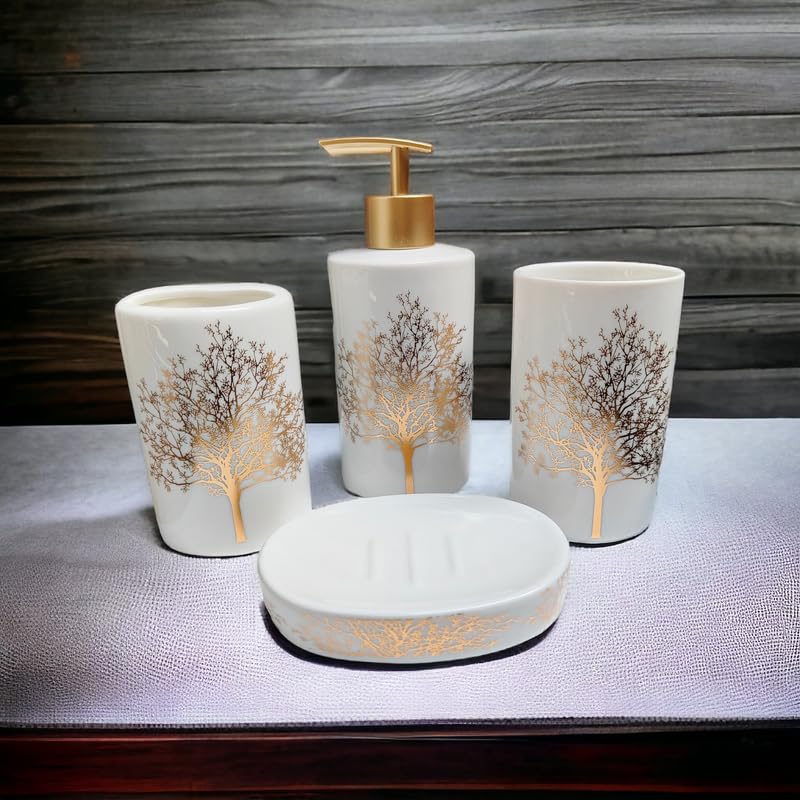 Whizzo Ceramic Bathroom Accessories Set Including 4 Piece Bathroom Accessories Set Soap Dispenser Toothbrush Holder Tumbler Soap Dish White - Image 1