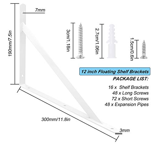 EOEXN 16 Pack 12 Inch Shelf Brackets Heavy Duty Right Angle Bracket Triangle Shelf Brackets Steel Floating Shelf Bracket Hanging Iron Shelving, White - Image 2