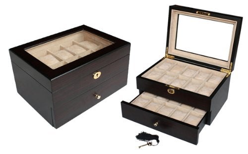 TimelyBuys 20 Piece Ebony Walnut Wood Men's Watch Box Display Case Collection Jewelry Box Storage Glass Top Father's Day Gift - Image 2