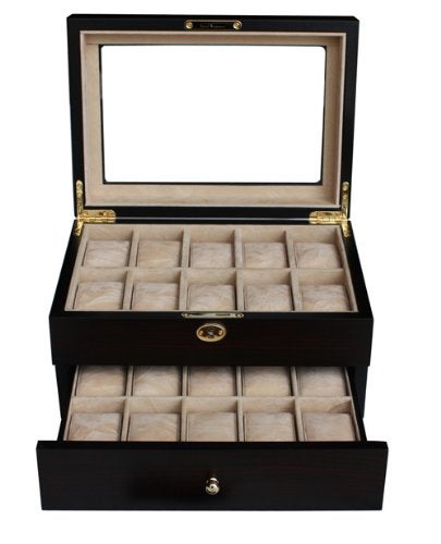 TimelyBuys 20 Piece Ebony Walnut Wood Men's Watch Box Display Case Collection Jewelry Box Storage Glass Top Father's Day Gift - Image 3
