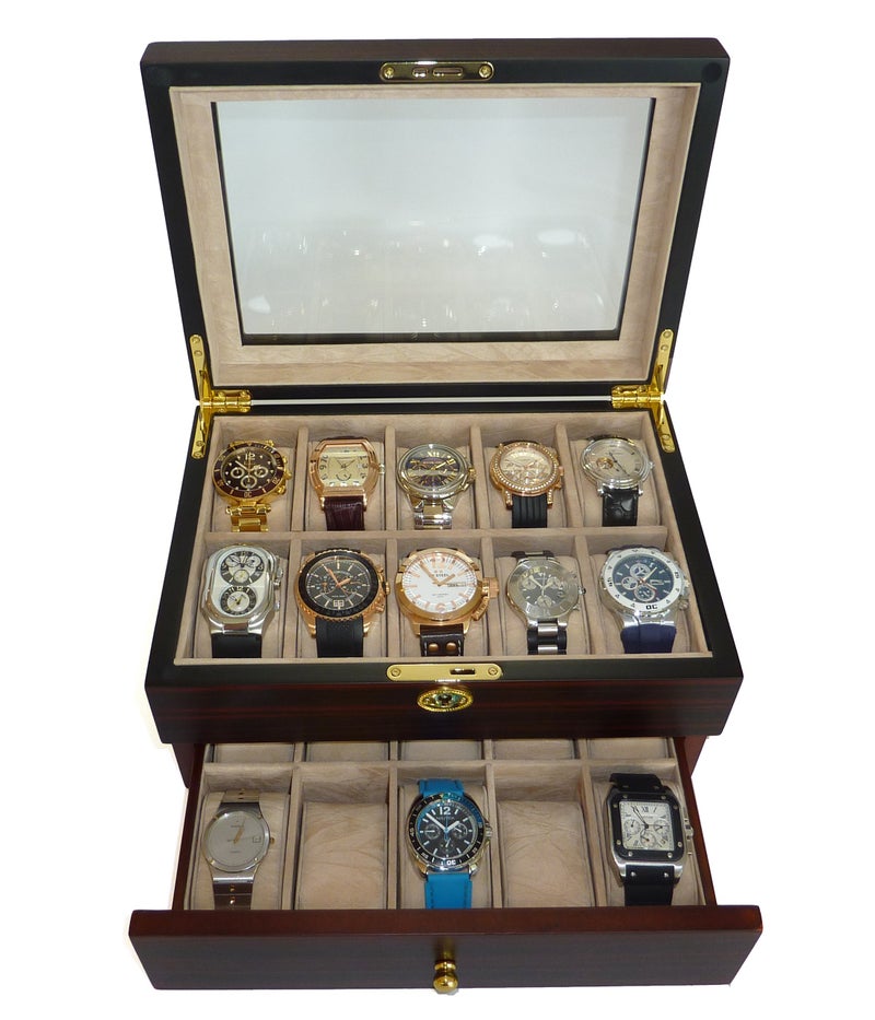 TimelyBuys 20 Piece Ebony Walnut Wood Men's Watch Box Display Case Collection Jewelry Box Storage Glass Top Father's Day Gift - Image 1