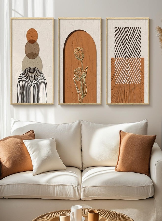 Cuspin Large Boho Framed Wall Art, Set of 3 Piece Bohemian Wall Hanging Canvas Paintings Artwork for Walls, Neutral and Orange Geometric Art Prints Pictures for Living Room Bedroom Office Wall Decor 16x24 In - Image 1