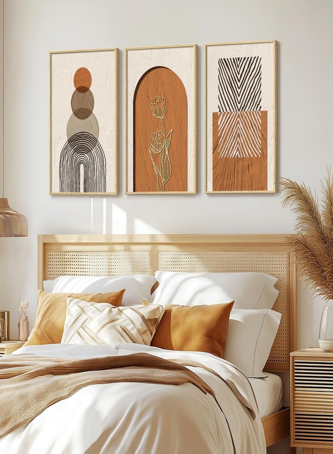 Cuspin Large Boho Framed Wall Art, Set of 3 Piece Bohemian Wall Hanging Canvas Paintings Artwork for Walls, Neutral and Orange Geometric Art Prints Pictures for Living Room Bedroom Office Wall Decor 16x24 In - Image 2