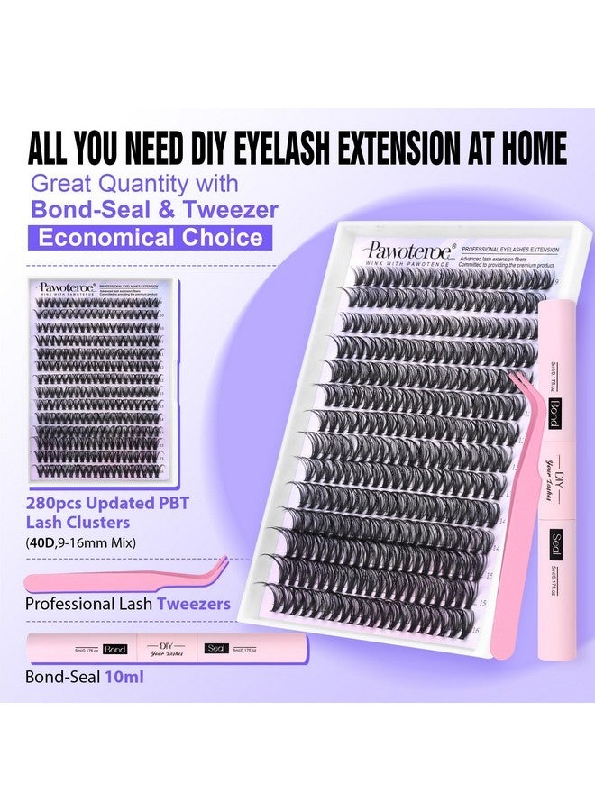 Pawotence Lash Clusters Kit 40D Individual Lashes Extension Kit Diy 280Pcs 9-16Mm Cluster Eyelash Extension Kit With Lash Bond And Seal, Lash Tweezers For Self Use (40D, 0.07D, 9-16Mm, Kit) - Image 2