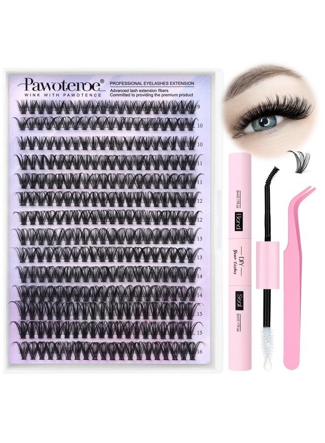 Pawotence Lash Clusters Kit 40D Individual Lashes Extension Kit Diy 280Pcs 9-16Mm Cluster Eyelash Extension Kit With Lash Bond And Seal, Lash Tweezers For Self Use (40D, 0.07D, 9-16Mm, Kit) - Image 1