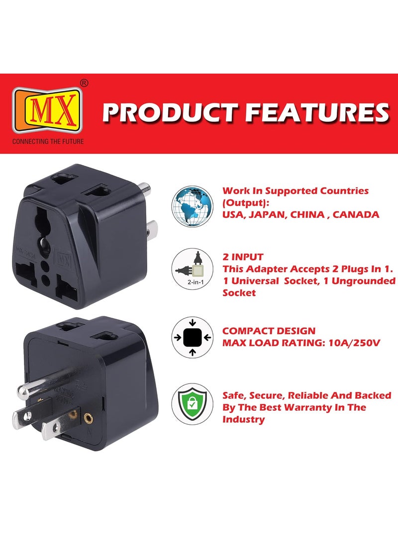 MX MX Universal Travel Adapter Type B India to USA Canada Japan More 2 in 1 Conversion Plug for Home and Official use Black Pack of 5  - Image 5