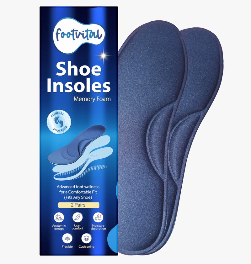 Footvital Memory Foam Shoe Insoles - Size 6 (Blue) (2 Pairs) – Comfort Cushion Insoles for Men & Women, Shock Absorbing Shoe Inserts for Everyday Walking, Work Shoes & Sneakers – Soft Fit Foot Support Insoles - Image 1
