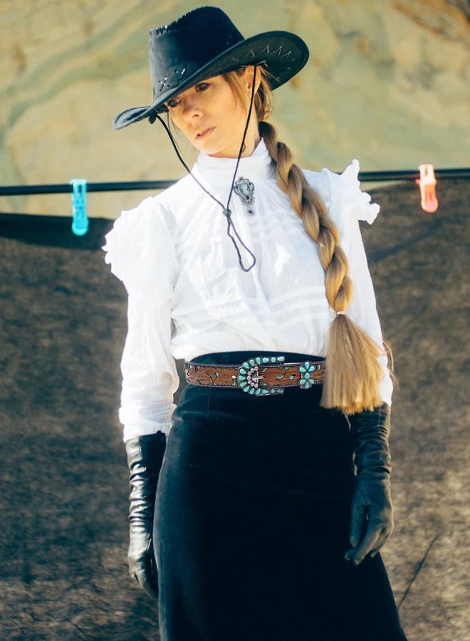 Topacc Western Belts for Women Brown Turquoise Buckle Cowgirl Cowboy Flower Engraved Country Belt for Jeans Dresses Gilrs, Brown-142, Fit waist: 38-40 in - Image 3