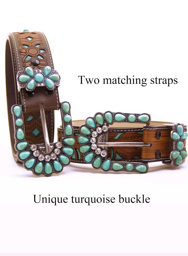 Topacc Western Belts for Women Brown Turquoise Buckle Cowgirl Cowboy Flower Engraved Country Belt for Jeans Dresses Gilrs, Brown-142, Fit waist: 38-40 in - Image 4