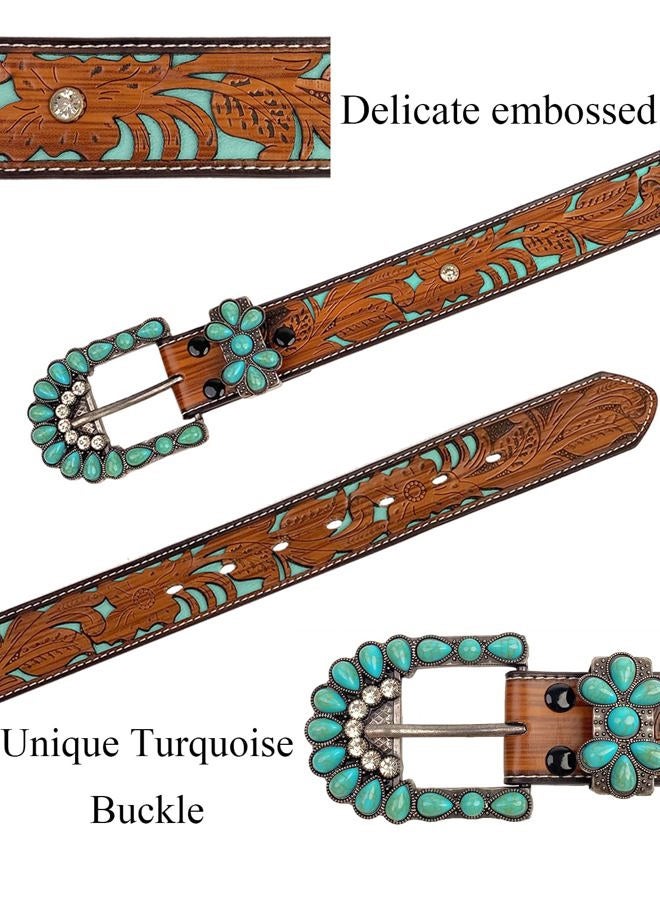 Topacc Western Belts for Women Brown Turquoise Buckle Cowgirl Cowboy Flower Engraved Country Belt for Jeans Dresses Gilrs, Brown-142, Fit waist: 38-40 in - Image 2