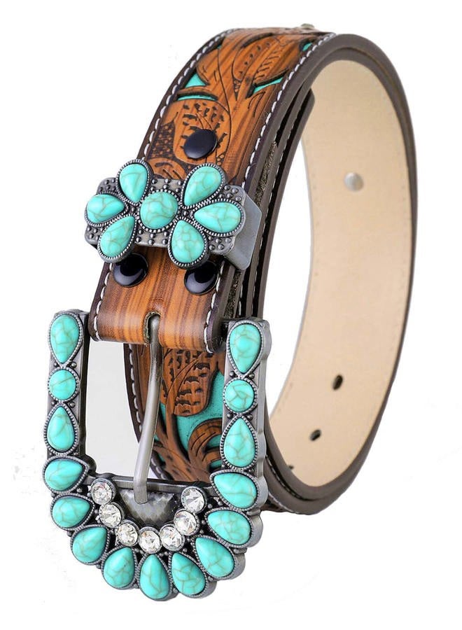 Topacc Western Belts for Women Brown Turquoise Buckle Cowgirl Cowboy Flower Engraved Country Belt for Jeans Dresses Gilrs, Brown-142, Fit waist: 38-40 in - Image 1