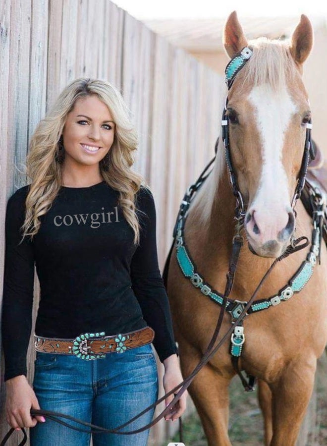 Topacc Western Belts for Women Brown Turquoise Buckle Cowgirl Cowboy Flower Engraved Country Belt for Jeans Dresses Gilrs, Brown-142, Fit waist: 38-40 in - Image 5