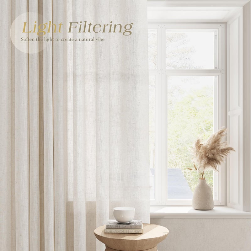 Nanspring Beige شبه مكثف الستائر الكتان 100 بوصة طول 2 لوحين لغرفة الطعام نغمة جروميت الستار - Image 2