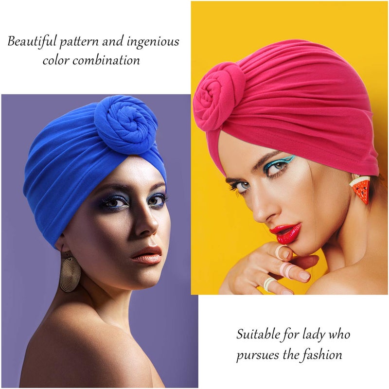 Satinior 6 Pieces Women African Turban Flower Knot Pre-Tied Bonnet Beanie Cap Headwrap (Black, Royal-blue, Rosy, Camel, Navy, Yellow) - Image 3