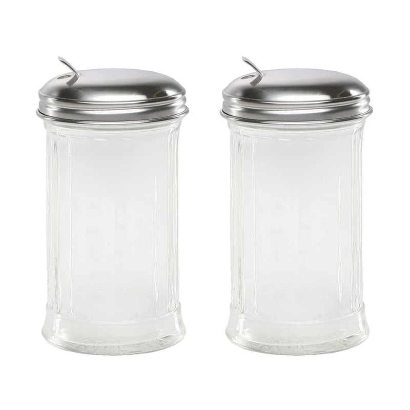 Great Credentials Retro Style Sugar Dispenser Pourer Shaker Glass Jar with Stainless Steel PourFlap Lid 12 oz Each Set of 2  Ideal for Sugar Spices and Condiments