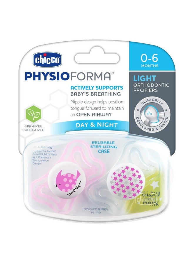 Chicco Chicco PhysioForma Light Day & Night including Glow In Dark Pacifier for Babies 0-6m, Pink, Orthodontic Nipple, BPA-Free, 2-count in Sterilizing Case  - Image 1