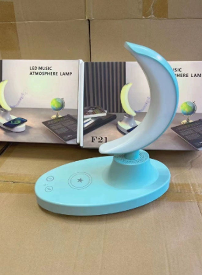 نيوترل مكبر صوت Bluetooth F21 New Creative Moon Lamp يعمل كمصباح ليلي ومكبر صوت، مع إمكانية شحن الهاتف المحمول. يجمع بين تشغيل الموسيقى والتحكم الصوتي الذكي والإضاءة المحيطة في جهاز واحد. يتميز بتصميم مبتكر مناسب لغرف المعيشة والمكاتب وغرف النوم وغيرها. (أزرق) - Image 1