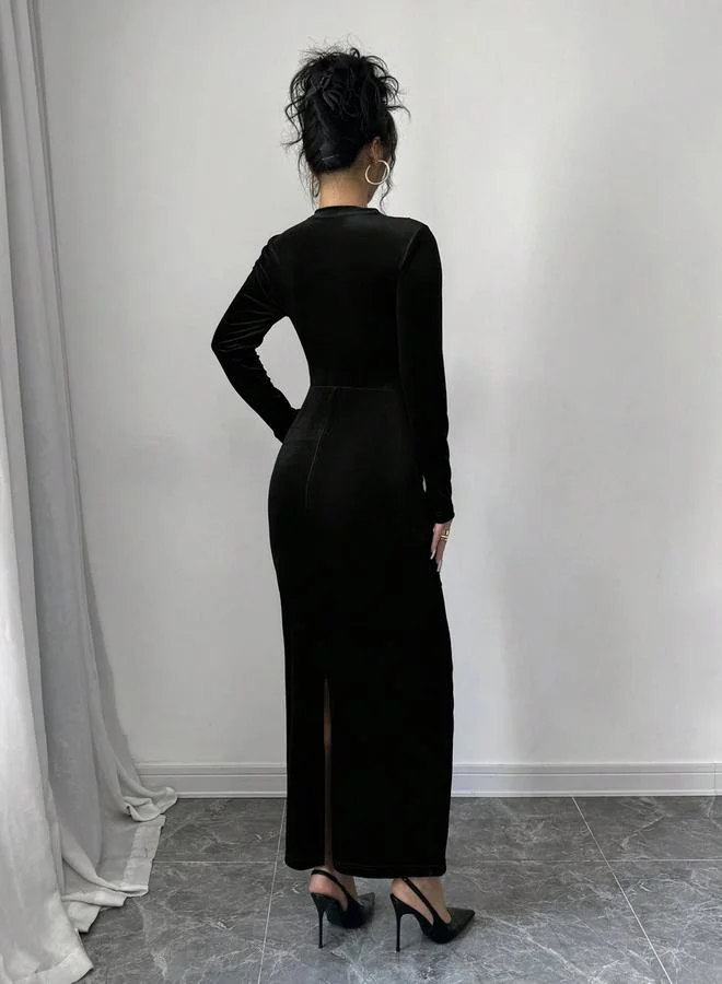 Take Two Velvet Look Fitted Waist Long Sleeve Maxi Dress