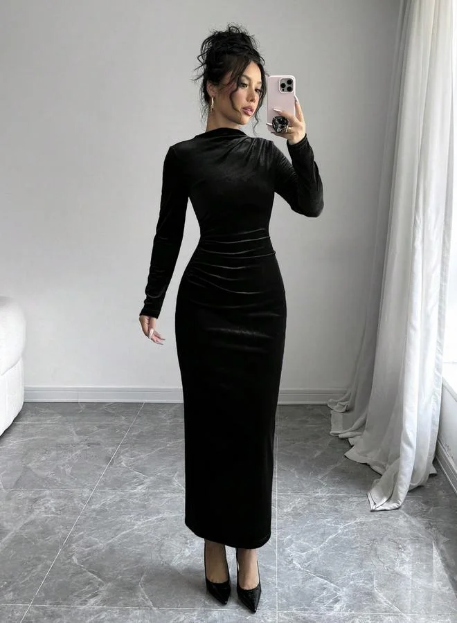 Take Two Velvet Look Fitted Waist Long Sleeve Maxi Dress