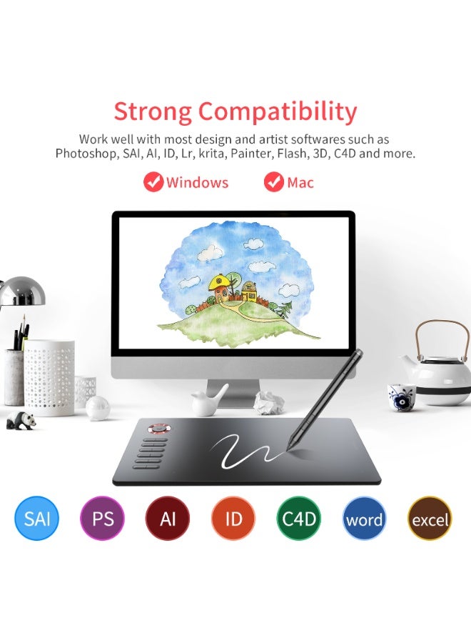 Veikk لوحة رسم جرافيكية A15 برو مع قلم خالي من البطارية بحساسية 8192 و 12 مفتاح ساخن وقرص وظيفي 10x6 بوصة 250RPS 5080LPI متوافقة مع لابتوب PC مع أنظمة تشغيل ويندوز وماك وأندرويد للرسم والتصميم والتدريس عبر الإنترنت وخلق الفن (رمادي) - Image 3
