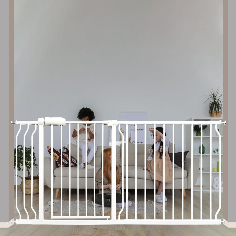 Vothco Extra Wide Baby  Dog Gate 6267 Inch Pressure Mounted No Drilling Adjustable Indoor Safety Gate for Stairs  Wide Doorways  Metal Design for Kids and Pets White