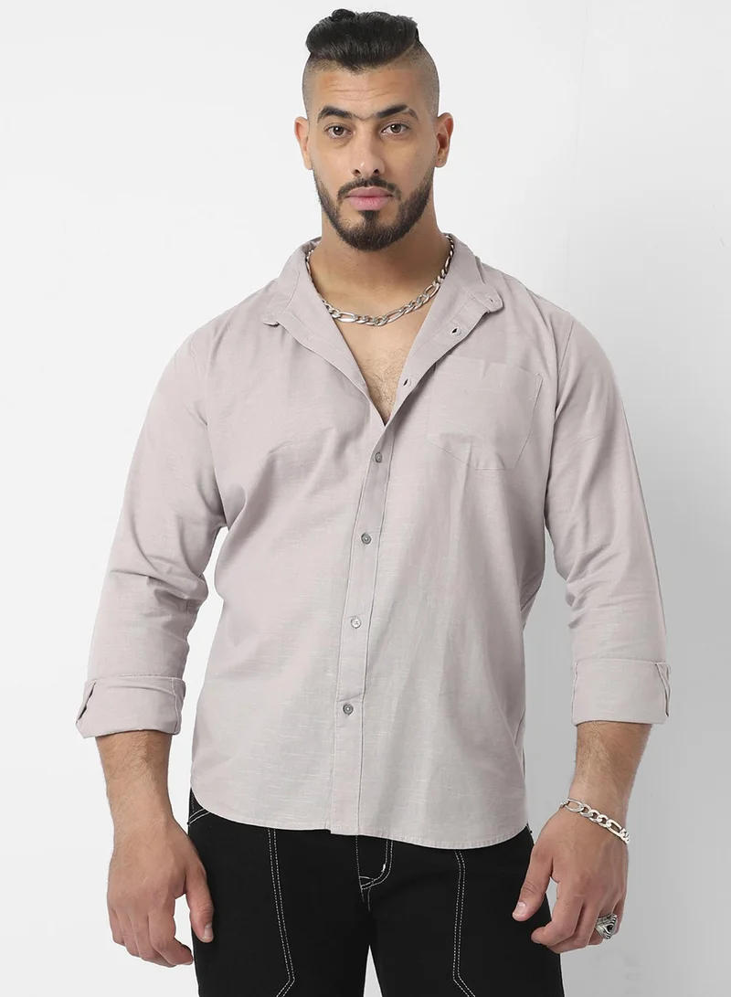 انستافاب بلس قميص رجالي بأزرار بلون رمادي فاتح بياقة ماندرين وأكمام طويلة من القطن بقصة مريحة للارتداء اليومي