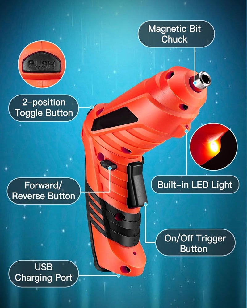 MECRAAF® Cordless Screwdriver | 42 Pieces Electric Screwdriver Set | 1800mAh 4.2V Rechargeable Battery | Drill Bits | ‎Rotatable with USB Charger Built-in LED Lights Suitable for Home & Office - Image 3