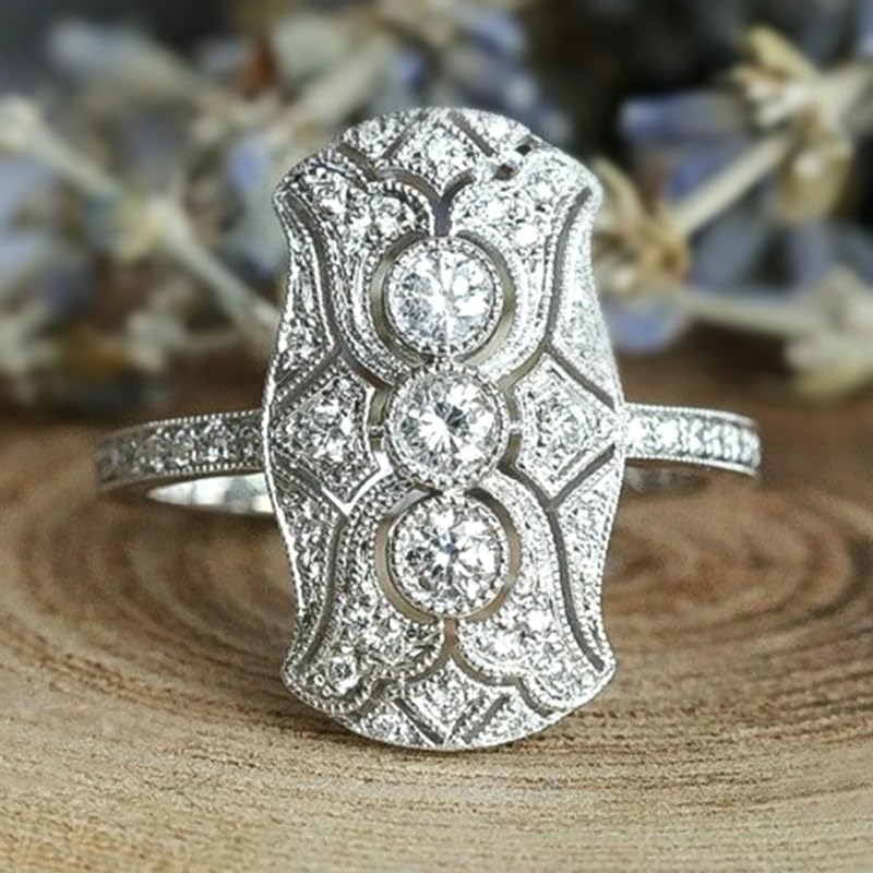 RKKOJJO Retro Vintage 925 Sterling Silver Shiny Full Diamond Gemstone Ring 18K Cubic Zirconia Promise Cocktail Rings Eternity Engagement Wedding Band Ring for Women Size 7 - Image 2