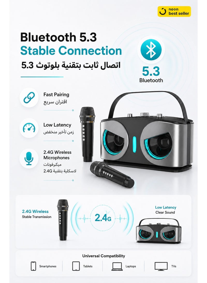 سماعة كاريوكي بلوتوث بشكل بومة مع ميكروفونين لاسلكيين، عرض إضاءة LED، صوت 4 محركات، مؤثرات صوتية، سماعة حفلات محمولة للترفيه العائلي، أسود - Image 3