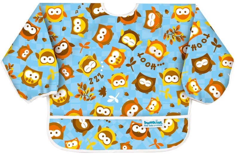QUENESS Bumkins Sleeved Bib/Baby Bib/Toddler Bib/Smock, Waterproof, Washable, Stain and Odor Resistant, 6-24 Months - Blue Owlds - Image 1