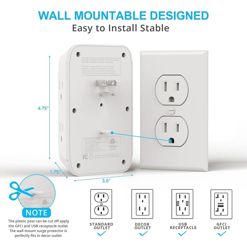 VINTAR [2-Pack] USB Wall Charger,Surge Protector,6 Outlet Extender with 3 USB Charging Ports(1 USB C Outlet,3.4A) 900J Power Strip Multi Plug Outlets,Wall Mount Power Strip for Home Travel Office ETL Listed - Image 4