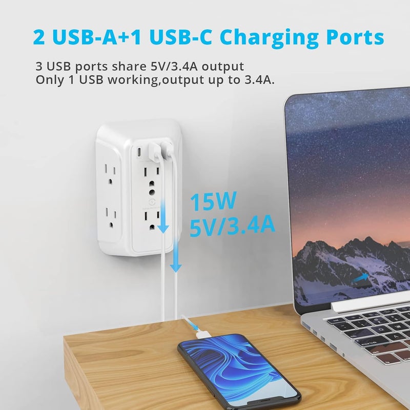 VINTAR [2-Pack] USB Wall Charger,Surge Protector,6 Outlet Extender with 3 USB Charging Ports(1 USB C Outlet,3.4A) 900J Power Strip Multi Plug Outlets,Wall Mount Power Strip for Home Travel Office ETL Listed - Image 3