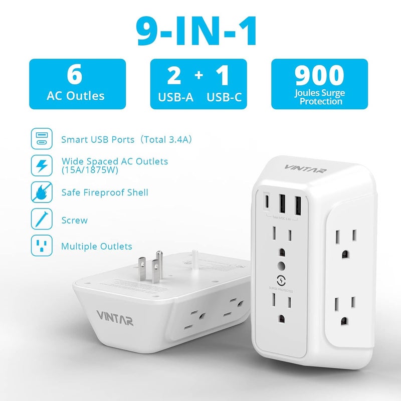 VINTAR [2-Pack] USB Wall Charger,Surge Protector,6 Outlet Extender with 3 USB Charging Ports(1 USB C Outlet,3.4A) 900J Power Strip Multi Plug Outlets,Wall Mount Power Strip for Home Travel Office ETL Listed - Image 2