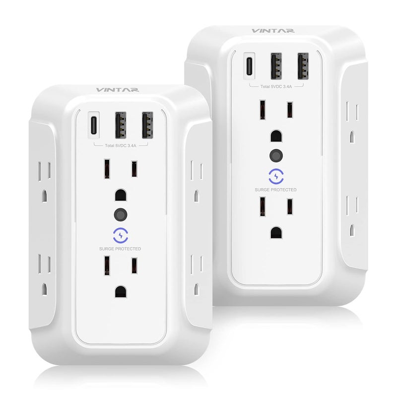 VINTAR [2-Pack] USB Wall Charger,Surge Protector,6 Outlet Extender with 3 USB Charging Ports(1 USB C Outlet,3.4A) 900J Power Strip Multi Plug Outlets,Wall Mount Power Strip for Home Travel Office ETL Listed - Image 1