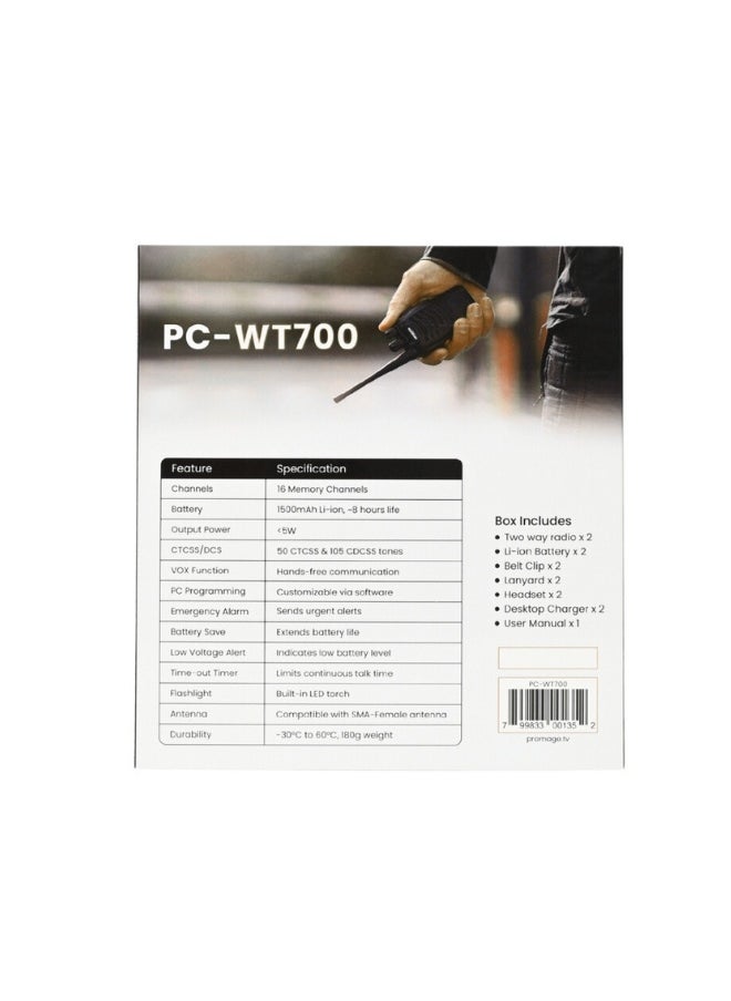 PROMAGE Promage Connect PC-WT-700 Portable Two Way Radio Ten Pack, 420-450MHz, 16 Channels, 1500mAh Battery, Emergency Alarm, Flash Light, VOX Function, High Quality and Reliable | PC-WT-700 | 10 Pack  - Image 4