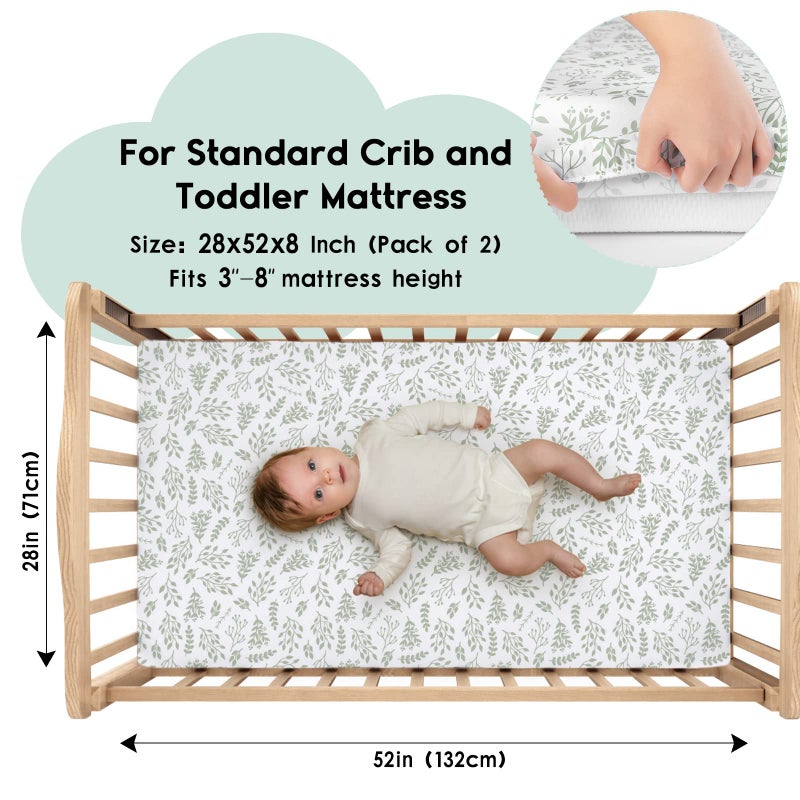 Yoofoss Baby Crib Sheets for Boys Girls, Fitted Crib Sheet 2 Pack for Standard Crib and Toddler Mattress, Super Soft Microfiber Baby Sheet 28x52x8in(Green+Leaf) - Image 2