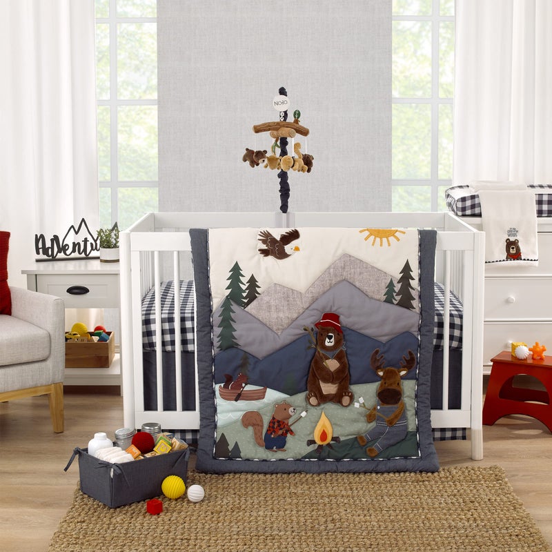 NoJo NOJO Into The Wilderness Navy Green and Brown Camping Bear Moose Eagle and Beaver Campfire 4 Piece Nursery Crib Bedding Set Comforter Cotton Fitted Crib Sheet Crib Skirt and Storage Tote 